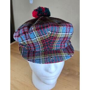Vintage Tweed Newsboy Angus Young Highland Outfitters Cap 6 7/8 Plaid Snap Pom